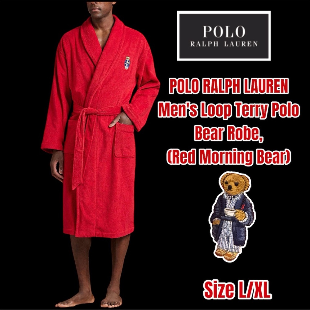 POLO RALPH LAUREN Men's Loop Terry Polo Morning Bear 50” Robe, Red, Size L/XL